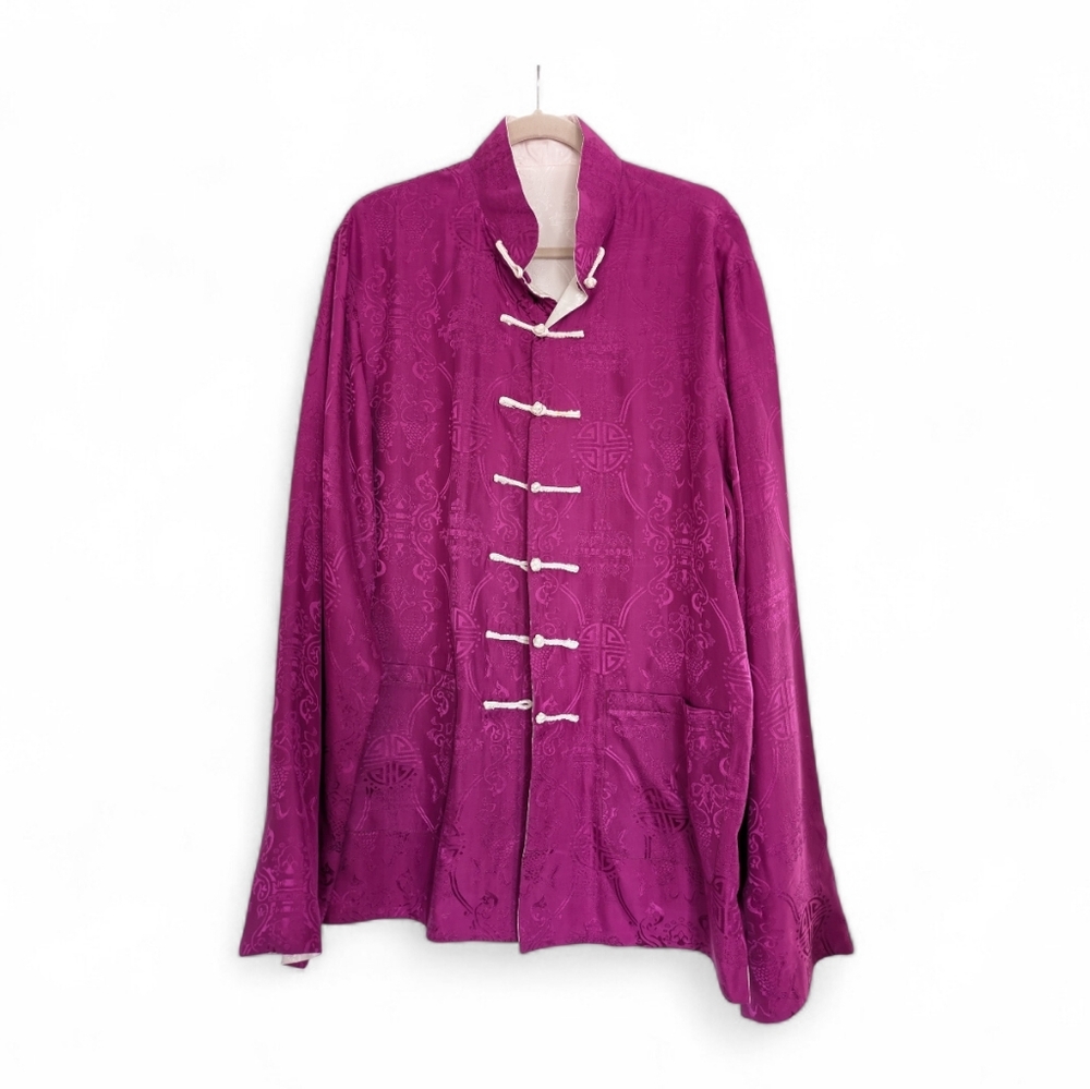 Vintage Asian Pink Ivory Reversible Brocade Mandarin Collar Jacket Frog Closure‎